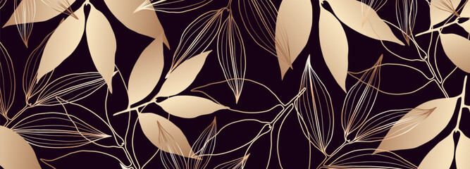 Wall Mural - Luxury dark purple botanical design with golden branches and leaves. Botanical background, wallpaper, postcard, cover design