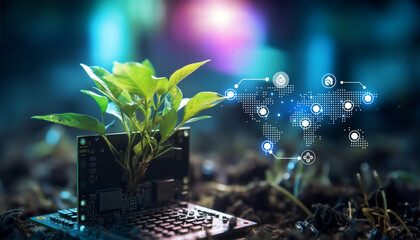 Green leaf plant on circuit. Concept smart farming agriculture technology. Future network of natural environment harvest management. Intelligence garden control application eco system. Ai generative.