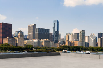 Skyscrapers Cityscape Downtown, Chicago Skyline Buildings. Beautiful Real Estate. Day time. Empty rooftop View. Success concept.