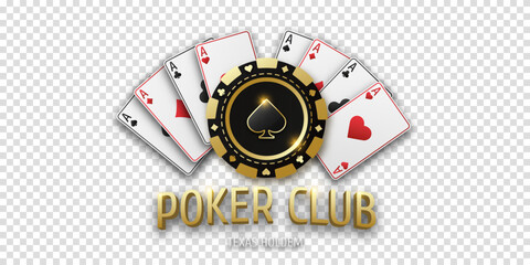 Wall Mural - Poker Club. Realistic playing chip spade and playing ace cards of all suits. Gambling token coin with suit spades. Banner for web app or site. Vector poster for championship.