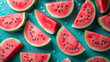 Vibrant Fresh Watermelon Slices on Turquoise Surface with Water Droplets