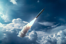 Rocket Flies With A Plume Of Smoke In The Sky, Launching At Combat Targets.