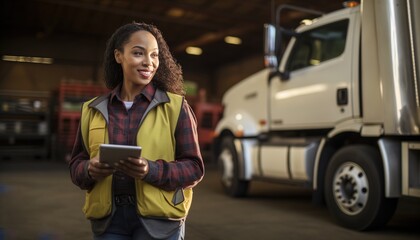 Worker standing next to her delivery truck 