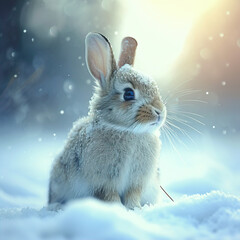 Wall Mural - A little bunny sits in the snow in the forest.
