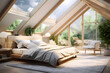 airy bedroom with a vaulted ceiling and skylights