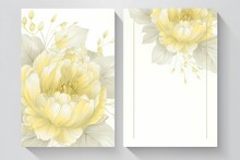 Wedding Floral Style Double Invite, Invitation, Save The Date Card Design Set With Beautiful Yellow Pastel Peony Flower 