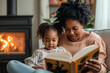 © pintxoman - African American mother and son reading in the living room of her house. International book day