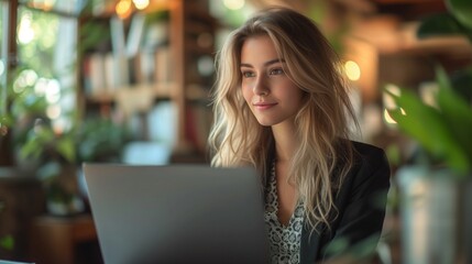 Young woman in a black business suit with a gray laptop, in the office sits at an additional table on which there is a houseplant. Modern office in light colours