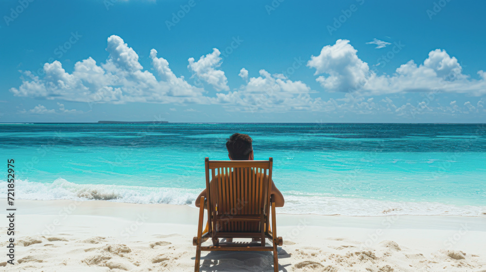 Back view of a person in a straw hat relaxing on a wooden beach chair ...