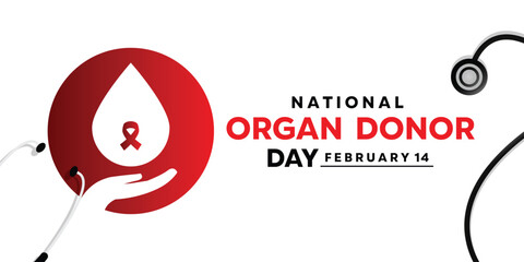 Wall Mural - National Organ Donor Day is celebrated every February 14. stethoscope, blood, hand and ribbon. White background. Suitable for posters, banners, social media, cards and more.