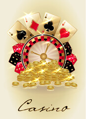 Wall Mural - Casino vip background with poker cards and golden coins, vector illustration