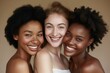 © Rudsaphon - Close-up portrait of three diverse joyful women with radiant smiles, showcasing friendship and diverse beauty together.