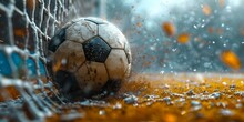 A Close-up Of A Soccer Ball In The Net During A Rainy Game. Goal Moment Captured. Dynamic Sports Photography. Ideal For Banners. AI