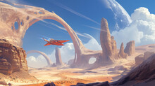 Fantastic Sci-fi Landscape Of A Spaceship On A Sunny Day, Flying Over A Desert With Amazing Arch-shaped Rock Formations