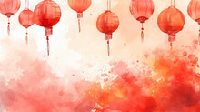 Chinese New Year Background. Red Chinese Lanterns On Watercolor Background.