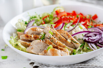 Wall Mural - Fresh  salad  with grilled chicken breast, fillet and lettuce, daikon, red onions, cucumber and sesame. Healthy lunch menu. Diet food.