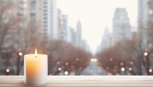 Winter Wood Table With Window View Of City And Candle And Branch