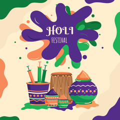 Poster - Holi Festival Poster Design with Color Powder Filled Mud Pot, Bucket, Water Guns and Dhol on Splash Colors Background.