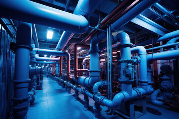 A complex network of industrial pipelines and valves in a modern manufacturing plant