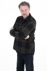 Poster - Handsome man middle aged bearded in plaid shirt checkered with folded arms crossed front of white background