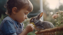 Innocent Interlude: Child's Tender Moment With A Bunny AI-Generative