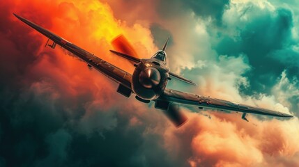 Vintage fighter plane. Photo of a fighter plane with a colored background taken during World War II