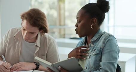 Aufkleber - Students, writing and planning with notebook for classroom teamwork, research ideas and support in college. Friends or young man and woman for university notes, studying and learning or brainstorming