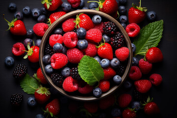 Wall Mural - Healthy mix berries fruits clean eating selection in wooden bowl on black background. Cherry, blueberry, raspberry colorful fruits organic food top view flat lay