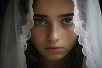 Wall Mural - Face of teenage girl with wedding veil