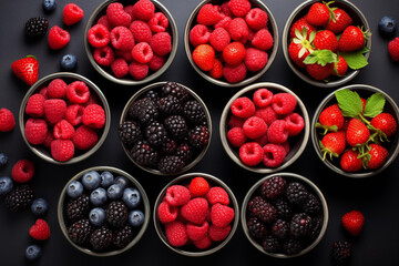Wall Mural - Top view Healthy mix berries fruits clean eating selection on black background. Cherry, blueberry, raspberry colorful fruits organic food flat lay copy space