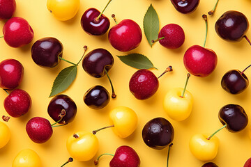 Wall Mural - Healthy mix Cherries berries fruit clean eating selection on yellow background. Multicolor Cherry colorful fruits organic food top view flat lay
