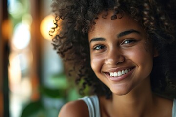 Wall Mural - Happy young woman with shaggy hair smiling on day off.