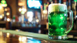 mug of green beer on a table in an Irish pub, copy space