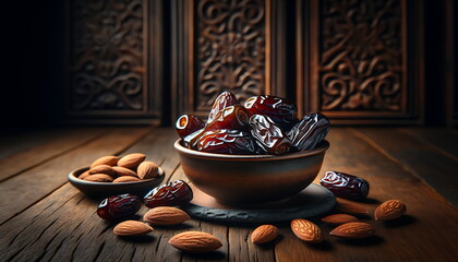 Wall Mural - experience the eid mubarak radiance with this ramadan lantern glow background with dates palm fruits