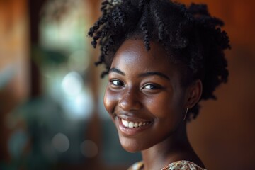 Wall Mural - Smiling young black woman portrait with copy space