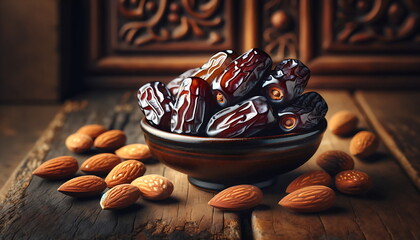 Wall Mural - experience the eid mubarak radiance with this ramadan lantern glow background with dates palm fruits