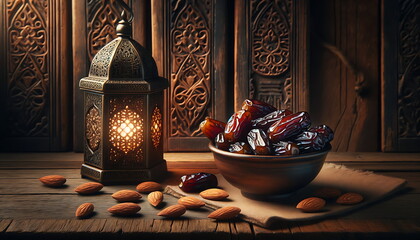 Wall Mural - experience the eid mubarak radiance with this ramadan lantern glow background with dates palm fruits