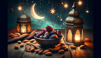 Wall Mural - experience the eid mubarak radiance with this ramadan lantern glow curtain and night sky with a cres