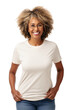 © Mikhail - A happy senior afro-american woman wearing a blank white t-shirt for mockup, isolated on transparent background