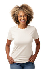 A happy senior afro-american woman wearing a blank white t-shirt for mockup, isolated on transparent background