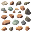 Cartoon big set of rock stones. Isometric 3D flat style stones and rocks. Different boulders set. Various shapes of cobblestones. Vector Illustration. Generative AI.