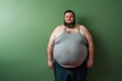 Fat overweight man with big belly on a green background. Overweight and obesity concept. Obesity Concept with Copy Space.