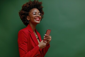 Wall Mural - Confident African businesswoman in red suit with smartphone