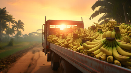 Wall Mural - Cargo truck carrying banana fruit in a plantation with sunset. Concept of food production, transportation, cargo and shipping.