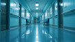 long well lit hospital corridor hallway, shiny floor with seats modern healthcare