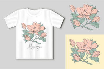 Wall Mural - Vector graphic linear illustration of a sprig of magnolia flowers. Vector concept with t-shirt mockup