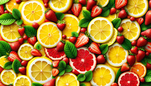 Wallpaper Of Lemon, Strawberry, And Leaves.