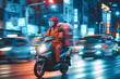 © sattawat - Food Delivery man ride motorcycle on the road at night , deliver parcel to customer at night with light trail .