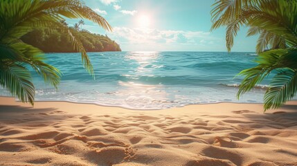 Wall Mural - Tropical island sea beach, beautiful paradise nature panorama landscape, coconut palm tree green leaves, turquoise ocean water, blue sky sun white cloud, yellow sand, summer holidays, vacation, travel