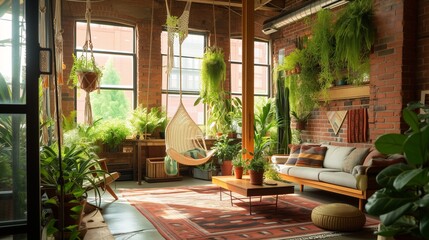 Interior living room nature indoors with lush greenery, hanging plants, wood furniture against exposed brick walls, and large windows framing a verdant garden. biophilic design, urban jungle aesthetic